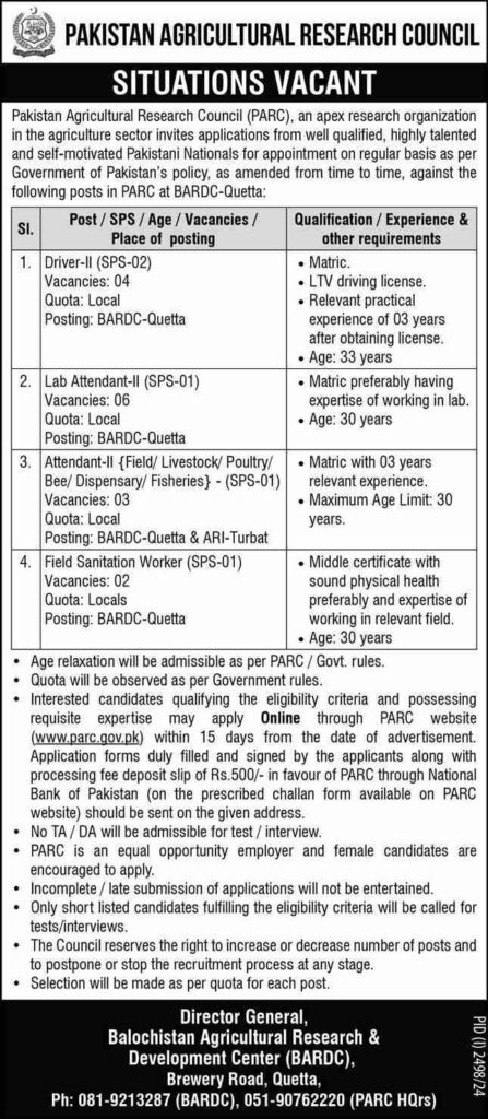 Pakistan Agricultural Research Council Jobs Quetta